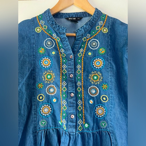Desigual Helena Denim Embroidered Long Sleeve Tunic Top Dress Blue Green Sz XXL - Picture 2 of 7
